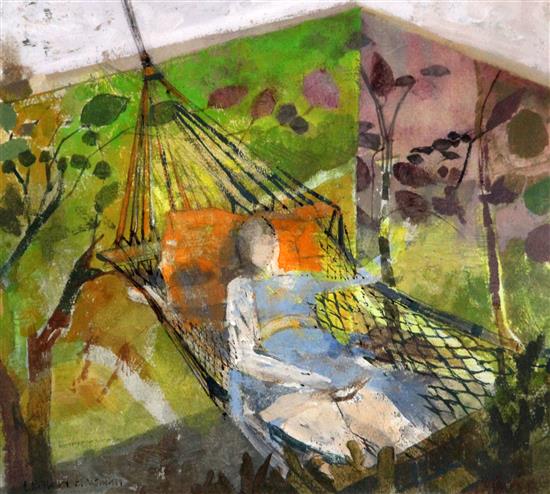 Leonard Rosoman (1913-) Woman lying in a hammock, 7.5 x 8.25in.